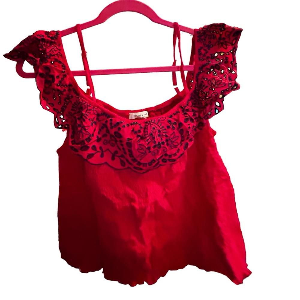 Paper Tee Red Off the Shoulder Crop Top w/Blue Details NWT